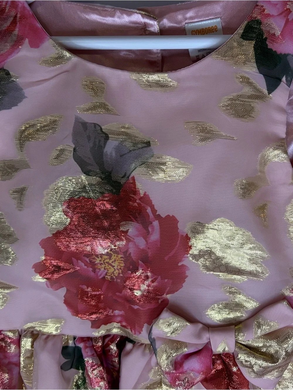 Gymboree Girls Size 6 Pink Floral Gold Metallic Party Dress Bow